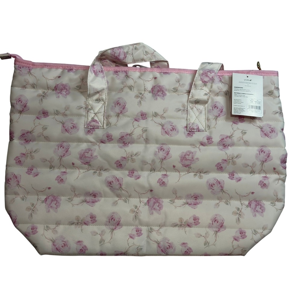 LoveShackFancy x Yoobi Quilted Floral Zip Tote Bag Pink White NWT 20" Gold Zip - Picture 3 of 4